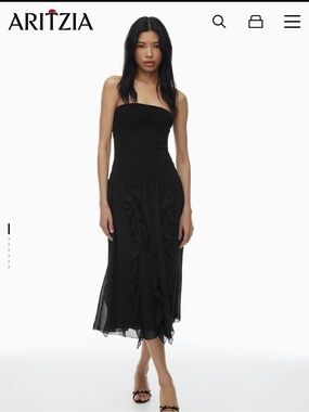 Aritzia Strapless Black Ruffled Midi Dress